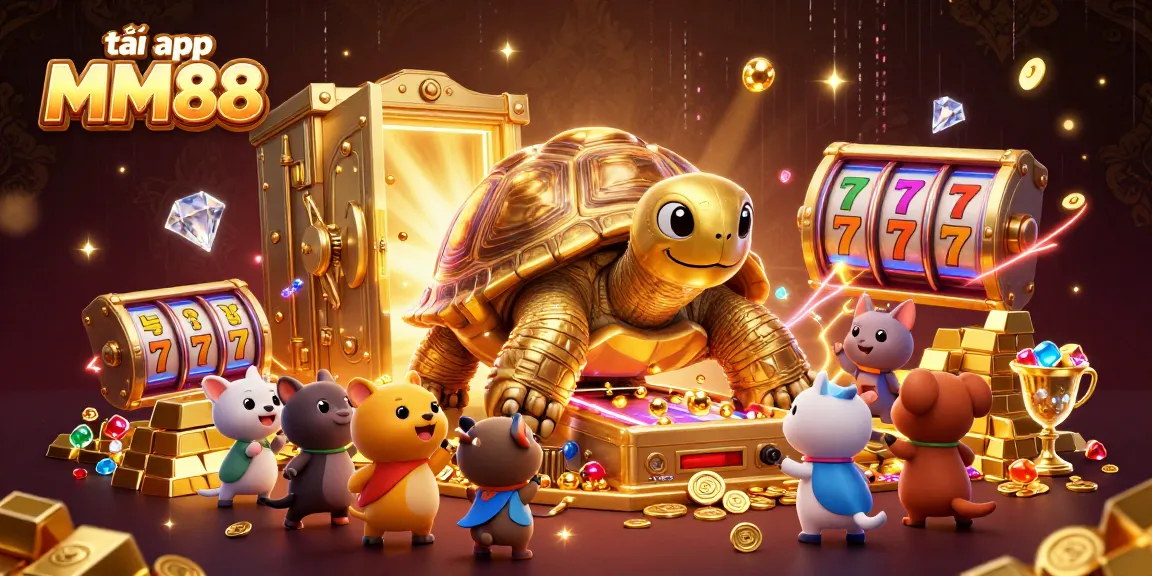 Experience gaming excitement by tải app MM88 with a colorful 3D illustration showcasing gold treasures and playful characters