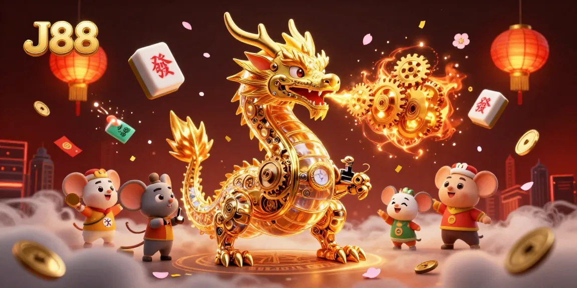 Engage with the world of J88 online gaming featuring a golden dragon and rich casino elements.