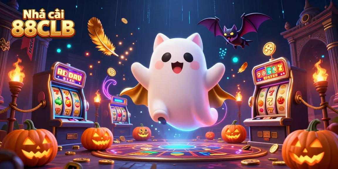 Engage in thrilling gameplay at Nhà cái 88CLB with the friendly ghost cat and vampire bat in a haunted casino.