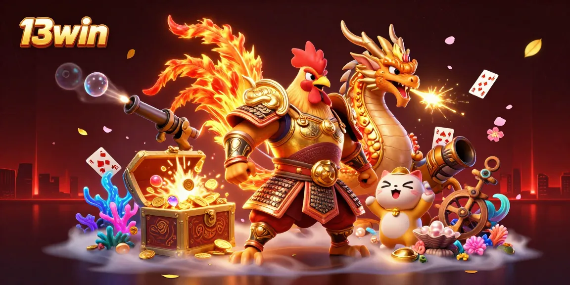Join the exciting battles at 13win with a fighting rooster and dragon amidst a treasure-filled scene!