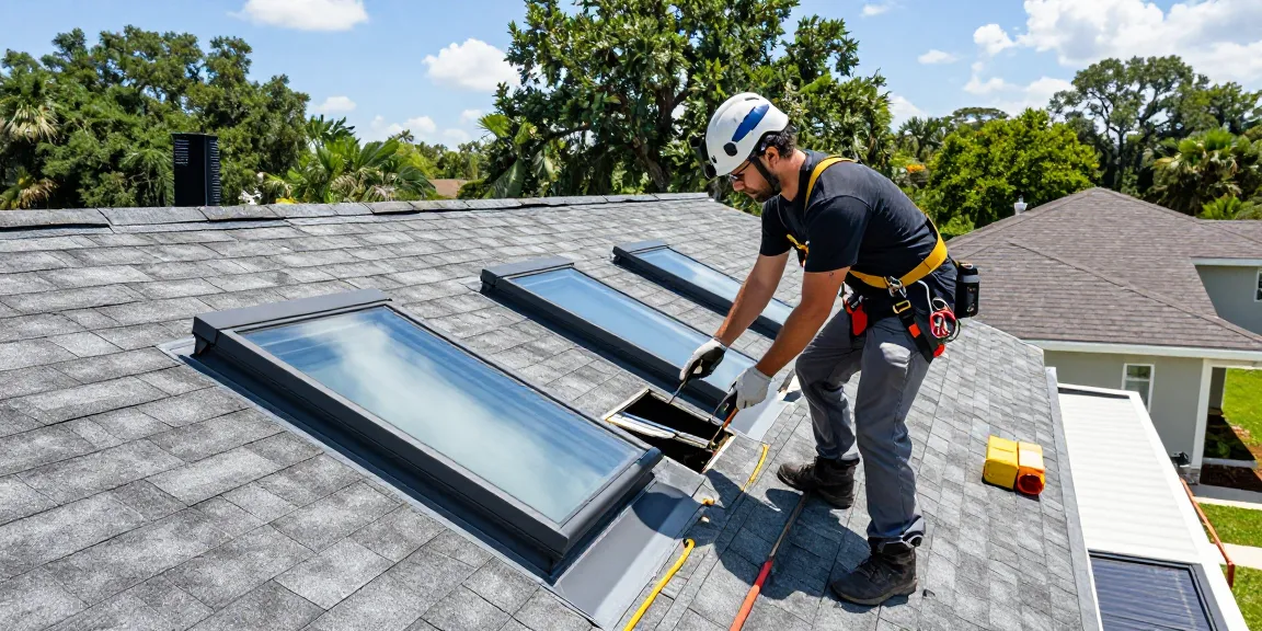 Leaking skylight repair Tampa - professional inspecting skylight for leaks on a residential roof