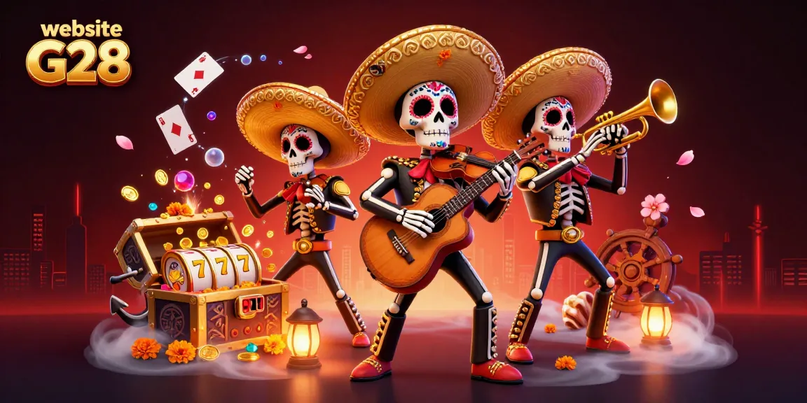 Engage with the vibrant world of slots at website G28 featuring mariachi skeletons and colorful gaming elements.