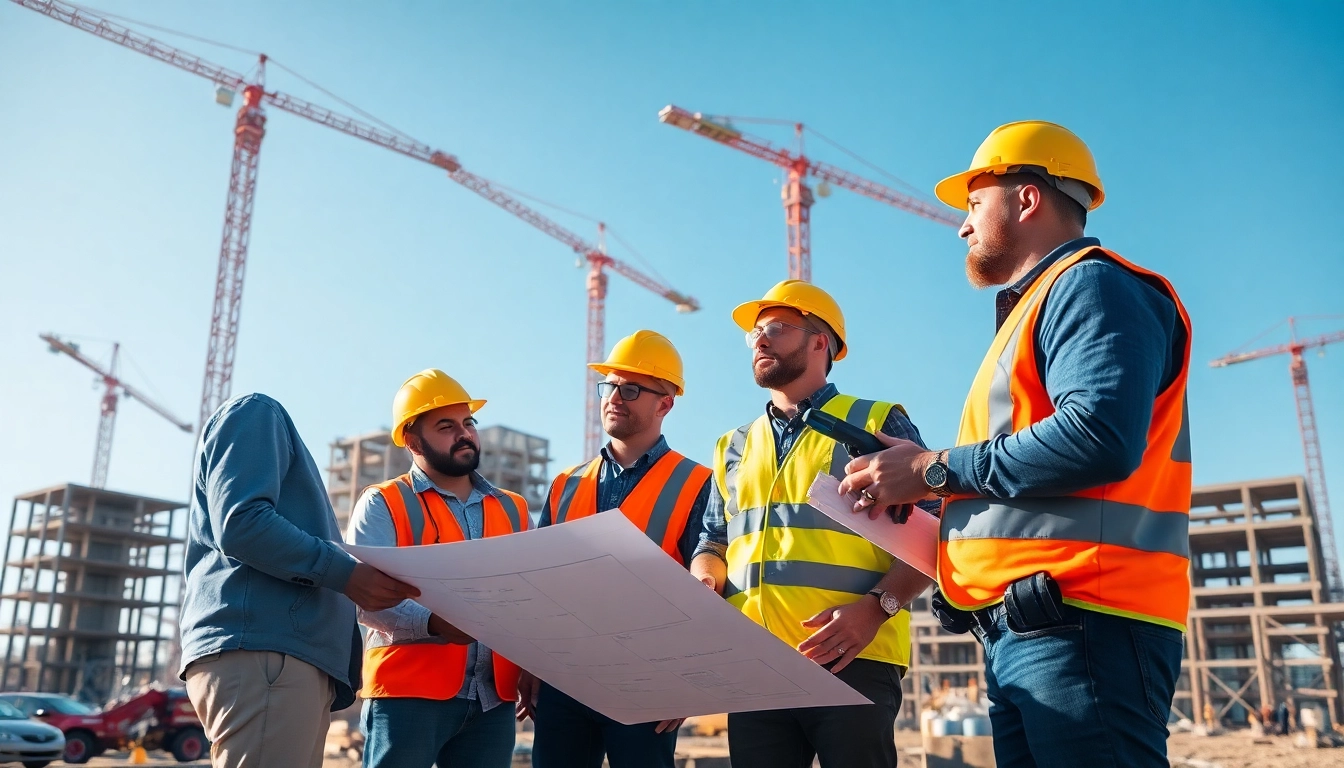Construction association professionals collaborating on a vibrant building site