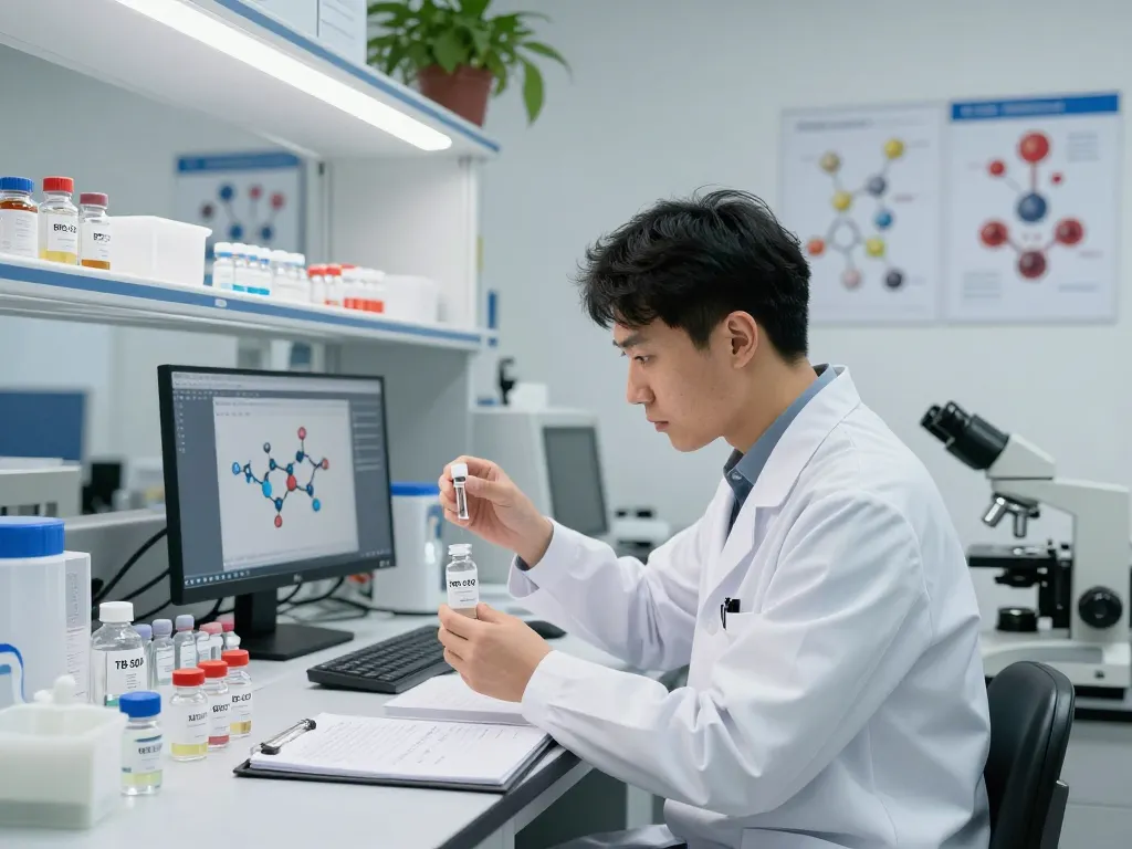 Researcher analyzing BPC157 TB500 peptides in a modern lab setting with equipment and notes.
