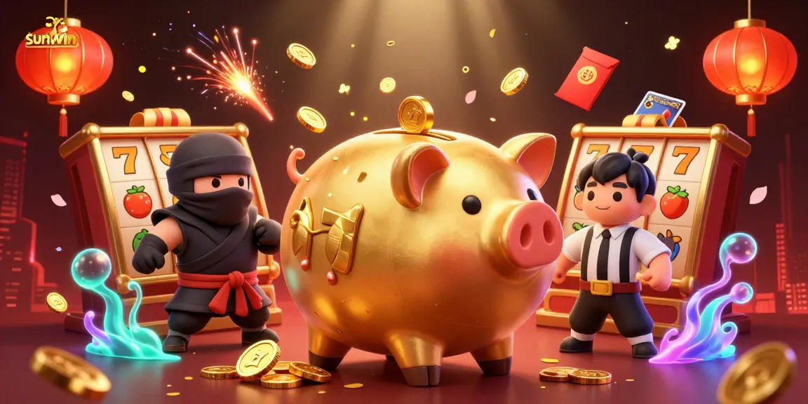 Engage with sunwin's vibrant gaming scene featuring a golden piggy bank, ninja, and samurai in action.