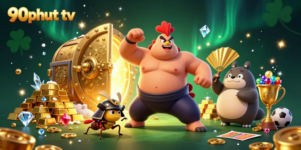 Bet on the excitement of 90phut tv with this dynamic illustration featuring a rooster, a cricket, and a tanuki amidst vibrant casino elements.