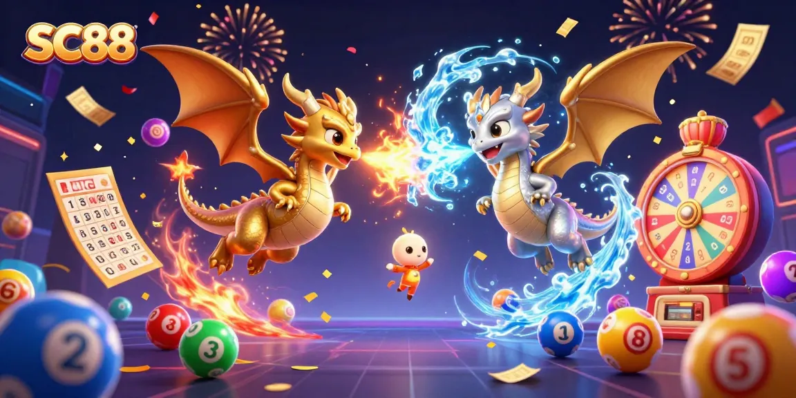 Engaging scene of SC88 with playful dragons and vibrant lottery elements in action.