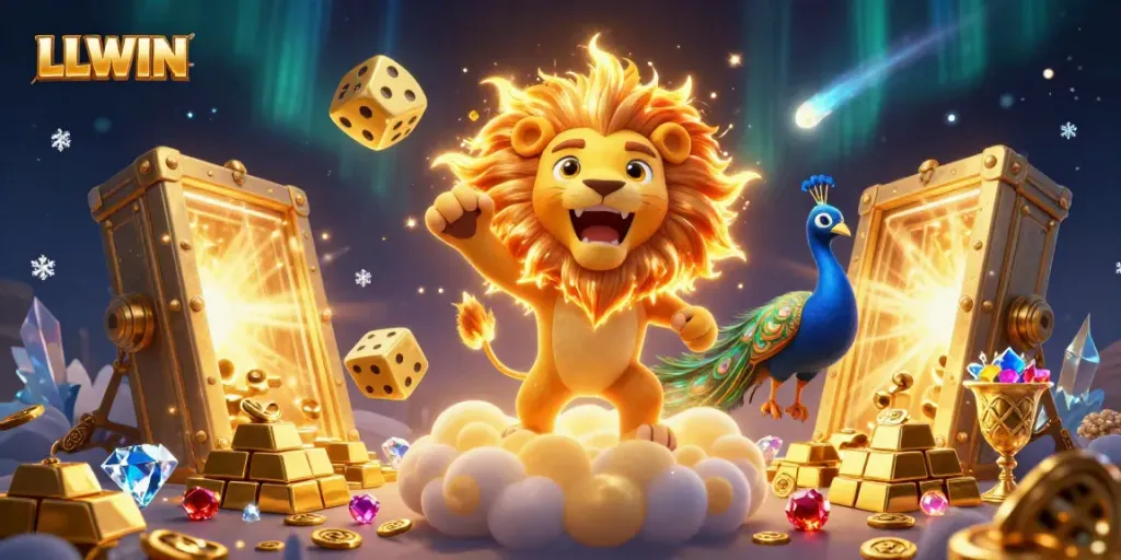 Experience thrilling gambling action with LLWIN as golden treasures and celestial elements surround a roaring lion