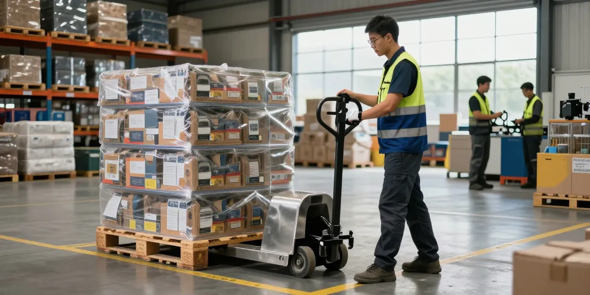 Technician using a pallet truck manual stainless steel in a modern warehouse.