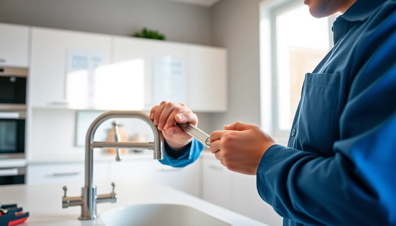 Find a reliable plumber near me fixing a faucet in a modern kitchen.