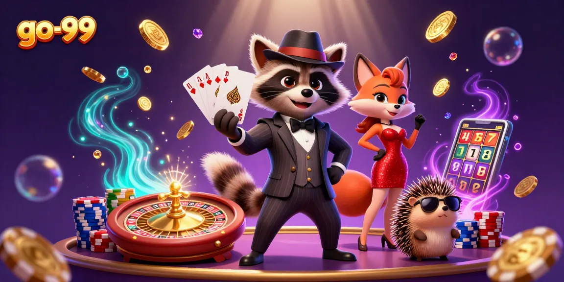 Experience the excitement of go-99 as charming characters enjoy a royal flush in a vibrant casino scene.