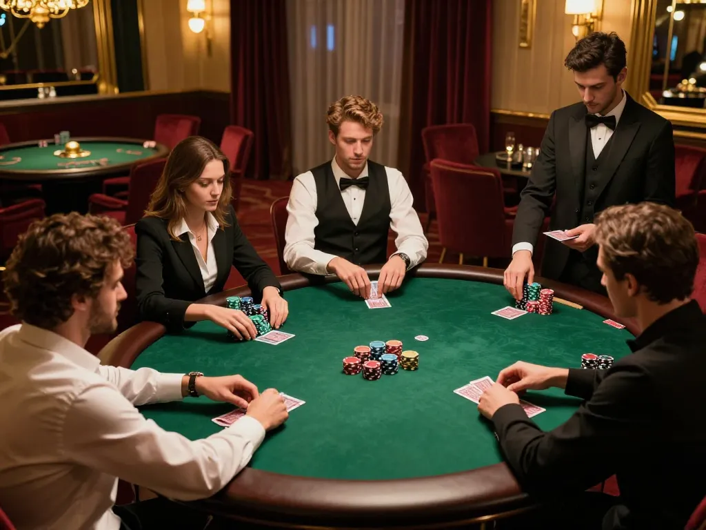 Players competing in a thrilling poker game at a private casino room showcasing strategic debet decisions and high-stakes thrills
