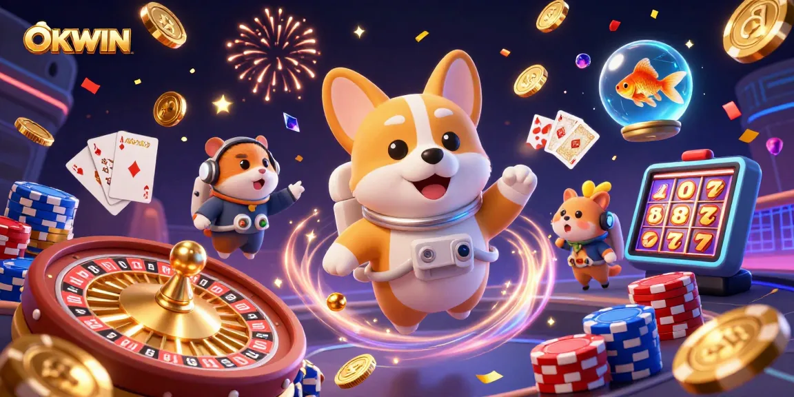 Experience OKWIN's thrilling gaming adventure in a cosmic casino with floating prizes and energetic atmosphere.