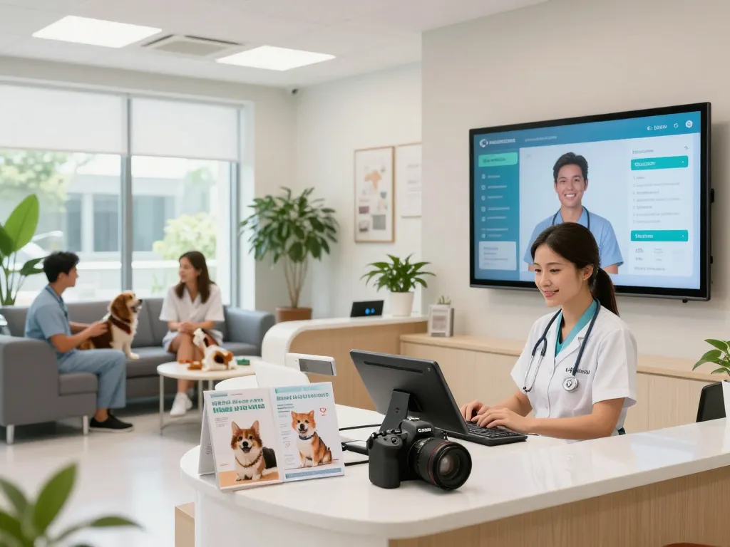 AI receptionist for clinics managing appointments in a modern veterinary office with friendly staff and pets.