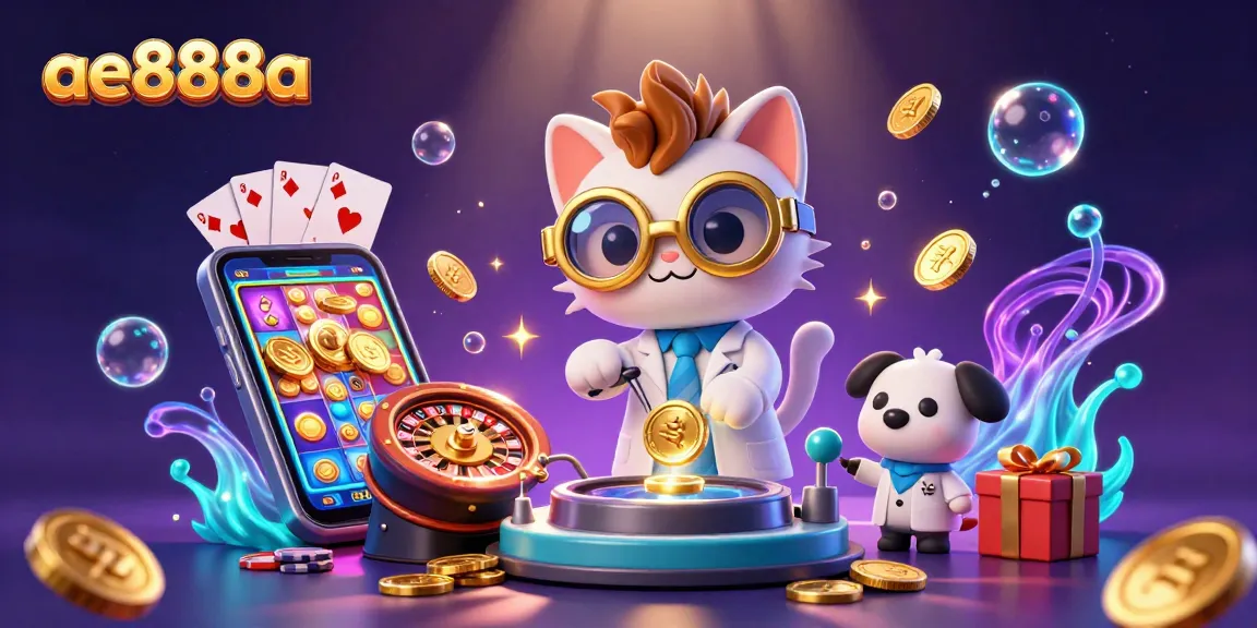 Experience high-stakes action with ae888a in this vibrant gaming illustration full of slots and rewards.