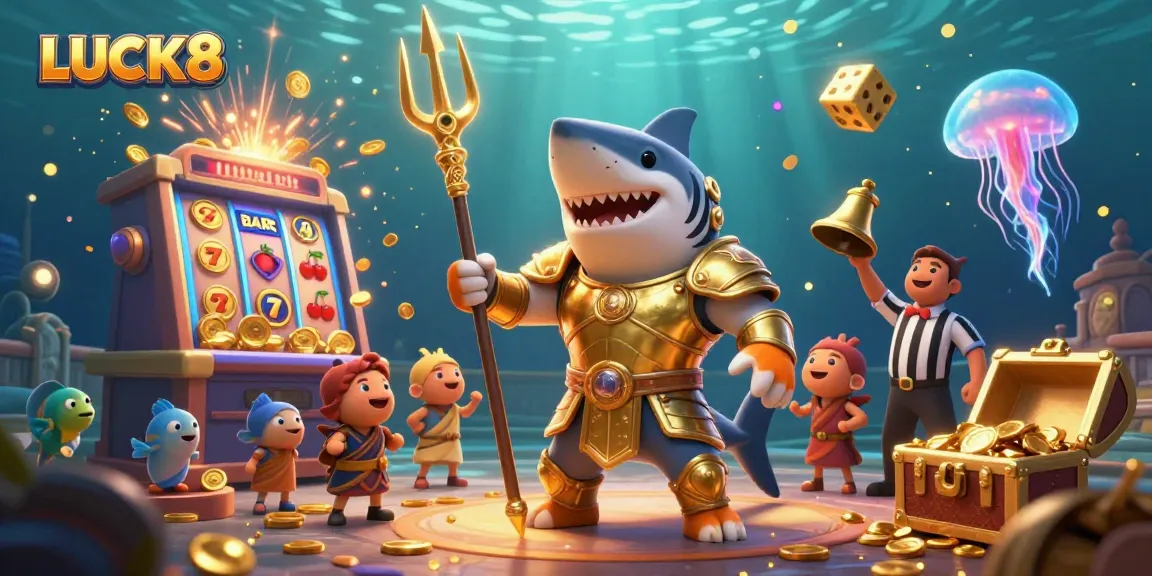 Experience thrilling gameplay with LUCK8's lively underwater casino, featuring a tiger shark and a jackpot explosion.