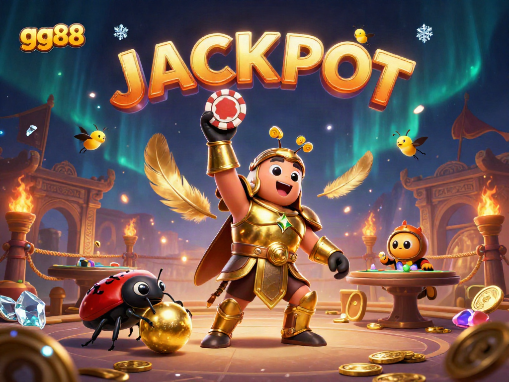 gg88 showcases a victorious beetle lifting a poker chip with vibrant casino elements around