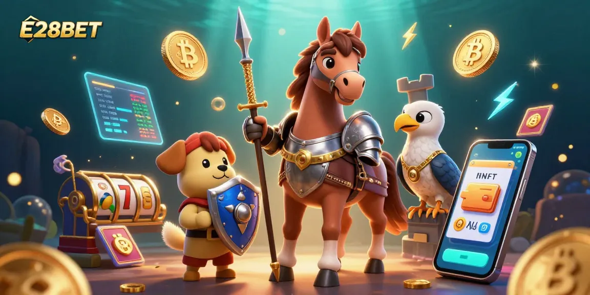E28BET captures the excitement of casino gaming with a knight, squire, and falcon amidst slot reels and crypto coins.