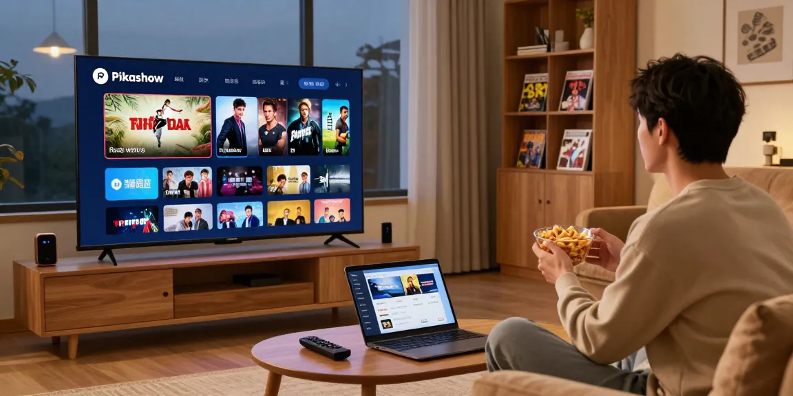 Pikashow app displayed on a smart TV in a cozy living room, showcasing user-friendly interface for streaming movies and live sports.
