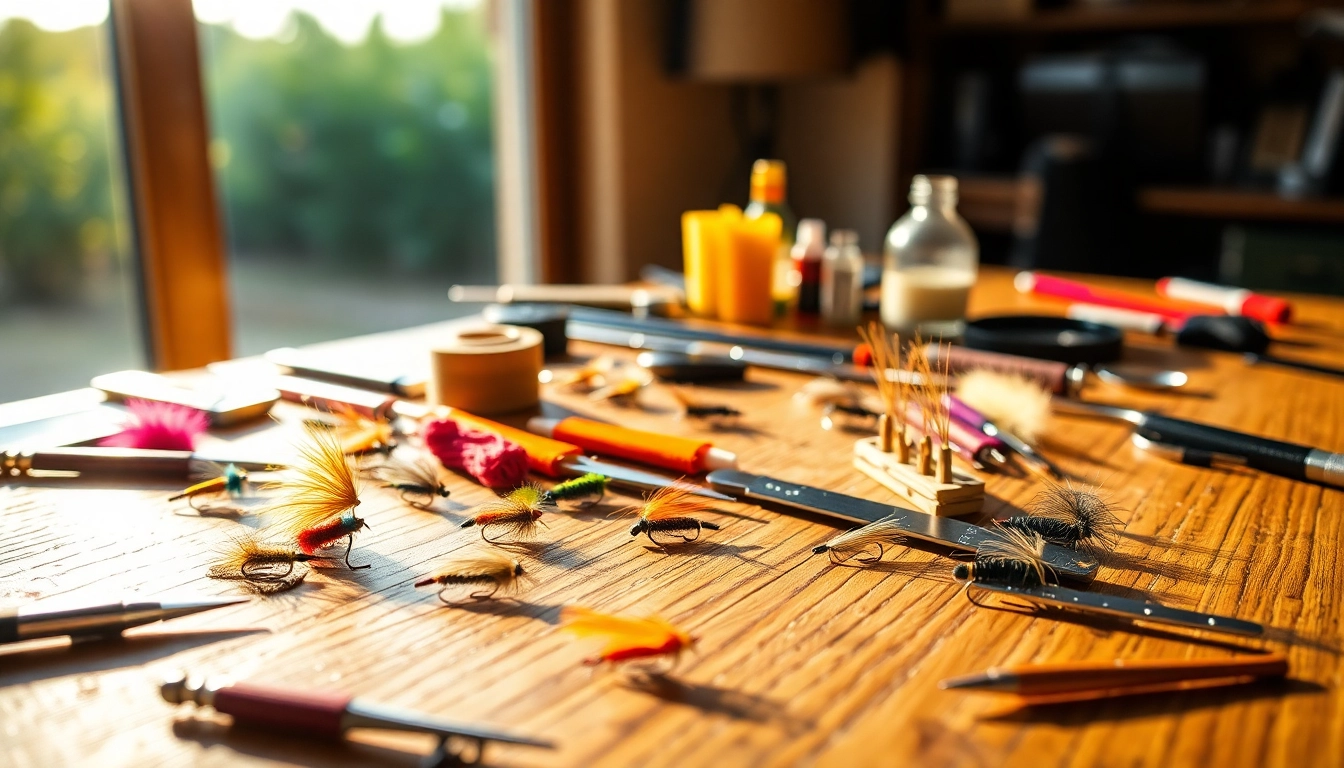 Engaging fly tying workspace showcasing colorful materials and intricate designs