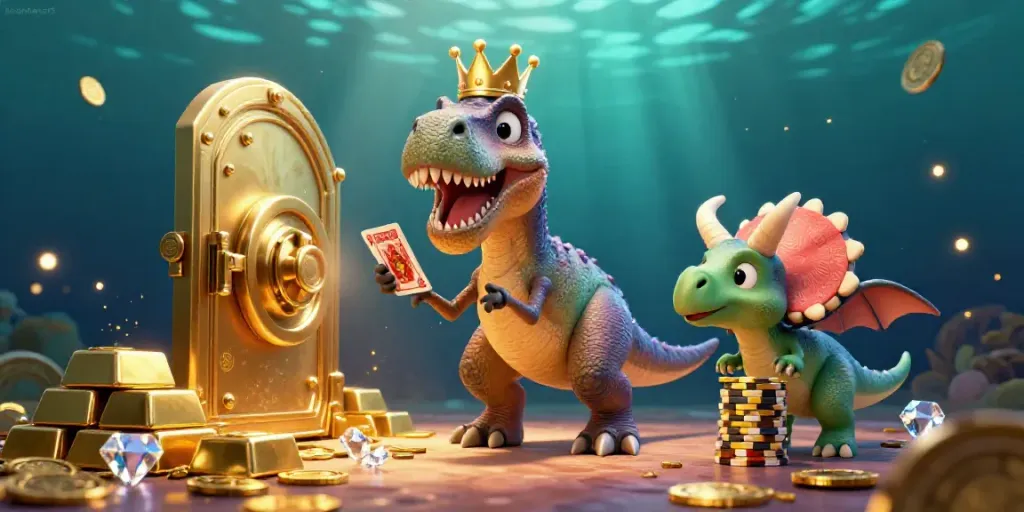 keonhacai5 brings you excitement with a T-Rex and friends amidst gold and treasures in a vibrant casino scene.