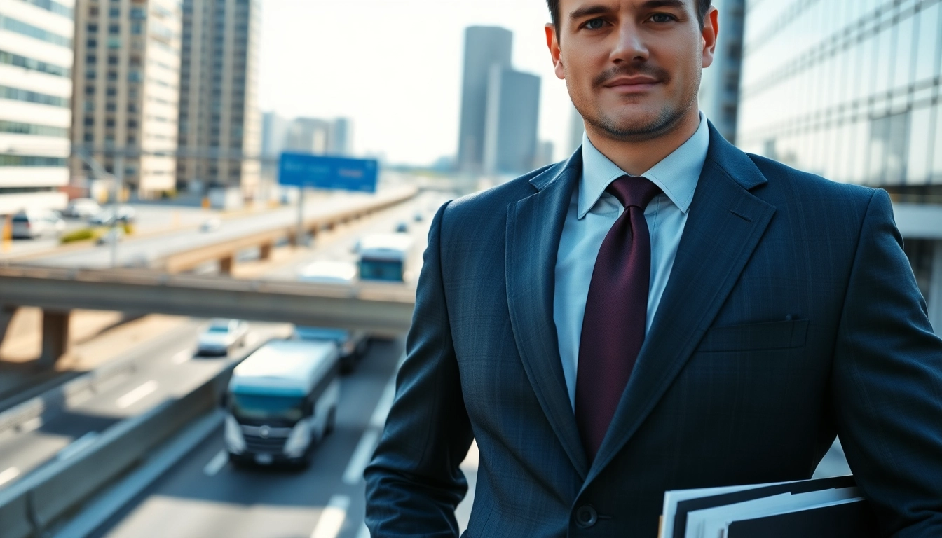 Consulting Clearwater truck accident lawyer outdoors against a busy highway backdrop