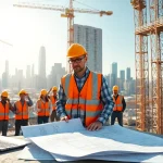 New York Construction Manager supervises a busy construction site with cranes and blueprints.