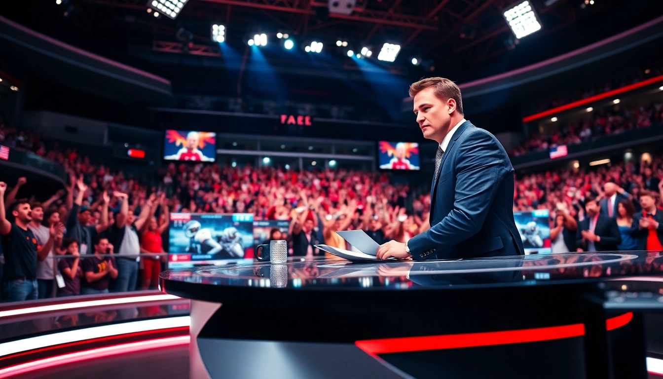 Engaging sports broadcasting scene with an anchor delivering live coverage amid enthusiastic fans.