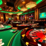 Experience the excitement of playing at the best crypto casinos with vibrant poker and roulette tables filled with chips and digital currency.