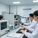Engineers in EMC testing lab ensuring global market access compliance with advanced RF testing equipment.