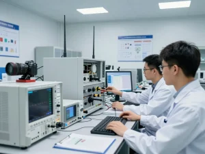 Engineers in EMC testing lab ensuring global market access compliance with advanced RF testing equipment.