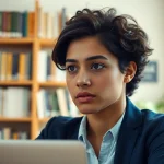 Focused student considering to pay someone to take toefl in a study setting with books.