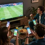 Friends using DN88 app for sports betting while watching live football match