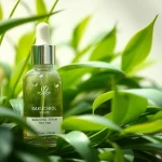 Hydrating bakuchiol serum bottle surrounded by natural greenery, symbolizing rejuvenation.