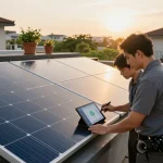 resistenza al PID dei pannelli solari showcased in a serene residential rooftop installation, highlighting efficiency and sustainability with a homeowner and technician.