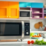 Showcase of microwave oven sales, highlighting sleek modern design in an attractive kitchen.
