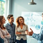 Business coaching near me involves a professional coaching session with engaged entrepreneurs in a modern office.