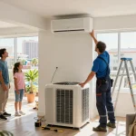 Expert HVAC technician installing a new unit in Las Vegas, ensuring comfort for families.