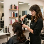 ladies hairdresser styling a client's hair in a vibrant salon