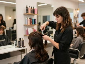 ladies hairdresser styling a client's hair in a vibrant salon