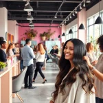 Hair salon near me with diverse stylists and happy clients engaging in a vibrant, trendy environment.