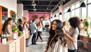 Hair salon near me with diverse stylists and happy clients engaging in a vibrant, trendy environment.