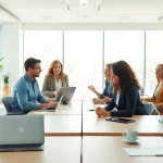 Engaged professionals discussing their ideal career choices in a bright office.