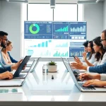 Analyze b2b competitive intelligence during a professional business meeting in a sleek office.