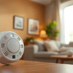 Carbon monoxide detector beeping prominently highlighted in a living room setting.