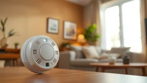 Carbon monoxide detector beeping prominently highlighted in a living room setting.