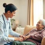 Elderly in home care near me, a caregiver supports an elder in a cozy living space.