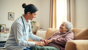 Elderly in home care near me, a caregiver supports an elder in a cozy living space.