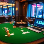 Experience the thrill at XX88's luxury casino table with chips, cards, and roulette.