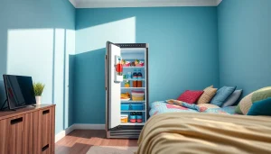 A modern dorm room fridge with snacks displayed, designed for student living.